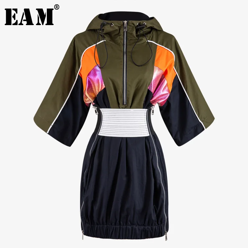 

[EAM] Women Hooded Green Contrast Color Zipper Pleated Dress New Three-quarter Sleeve Loose Fit Fashion Spring Autumn 2019 JZ509