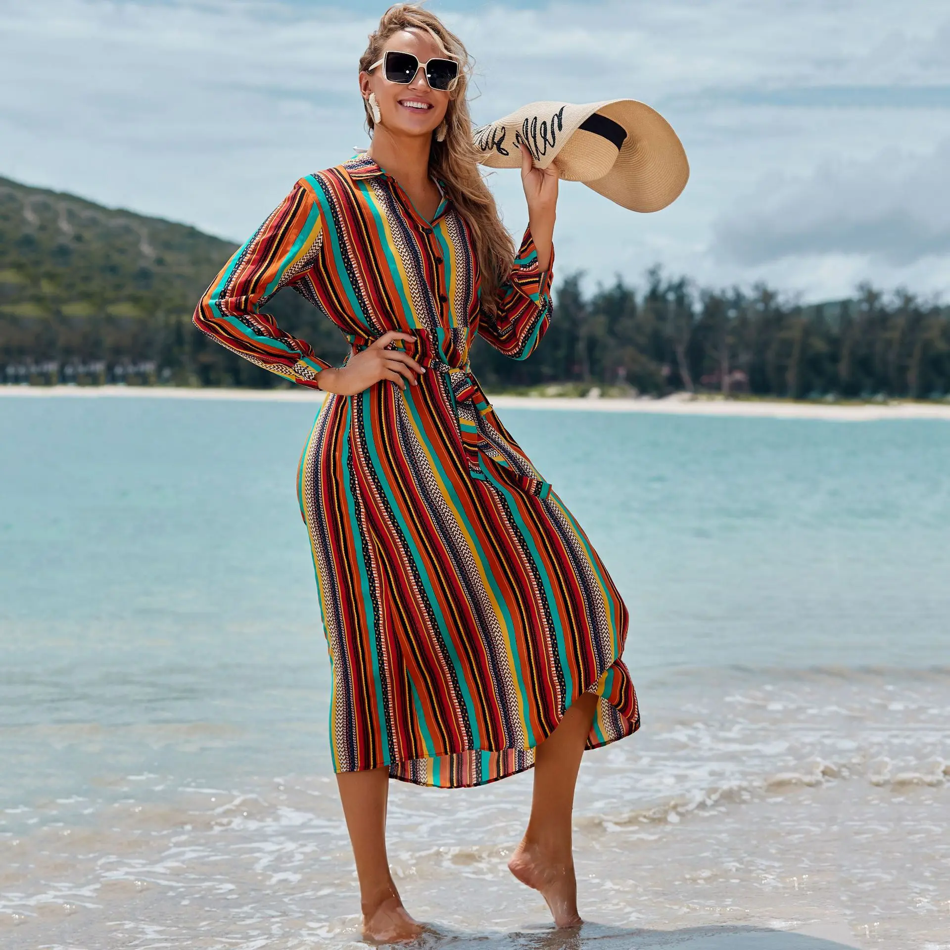 Finoceans Women Cover Ups for Swimwear Striped Beach Swim Coverup Dress 