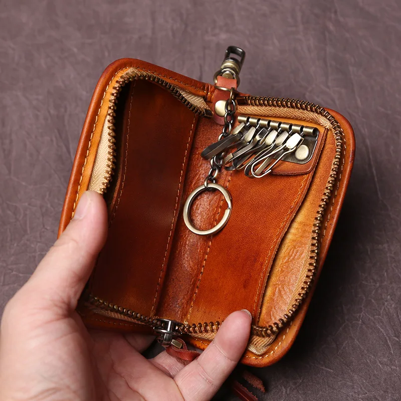 NZPJ Men's Leather Key Bag, The First LayerOf Cowhide, Ladies' Purse, Multi-functional Vintage Vegetable Tanned Leather ID Bag.
