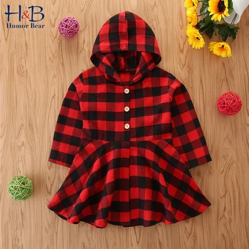 

Humor Bear European& American Children'S Clothing Autumn New Girl Plaid A-Line Dress Fashion Long-Sleeved Simple Hooded Dress