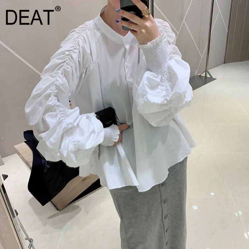 

DEAT 2020 new spring round collar solid color lantern sleeve shirt women Korea loose simple temperament office lady blouse PD738