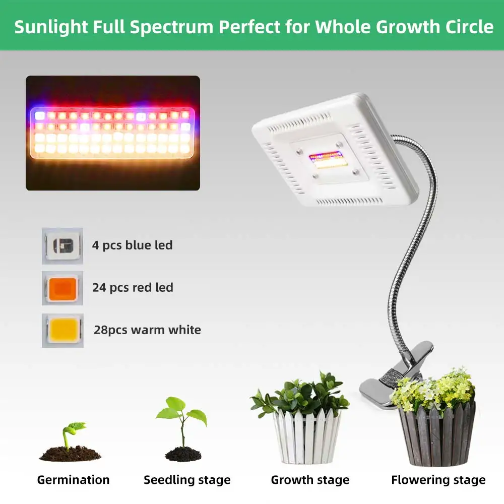 Светодиодный настольный светильник с зажимом для выращивания, полный спектр, 4 режима, 50 Вт, 56 светодиодный s, водонепроницаемый светодиодный светильник для выращивания растений, цветов, теплиц, палаток