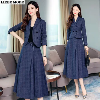 

Women Blazer and Long Skirts Suits 2020 Spring Autumn Blue Plaid Short Jacket with Midi Skirt Set Womens Office Outfit