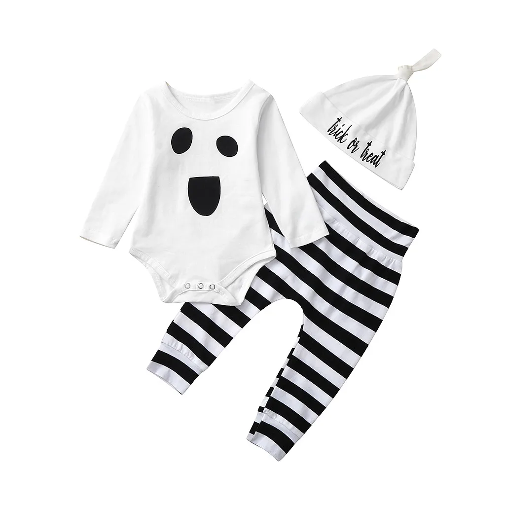 Fashion Winter Toddler Children Clothes Baby Kids Costume Girl Boy Long Sleeve Halloween Set Romper Tops Striped Pants Outfits