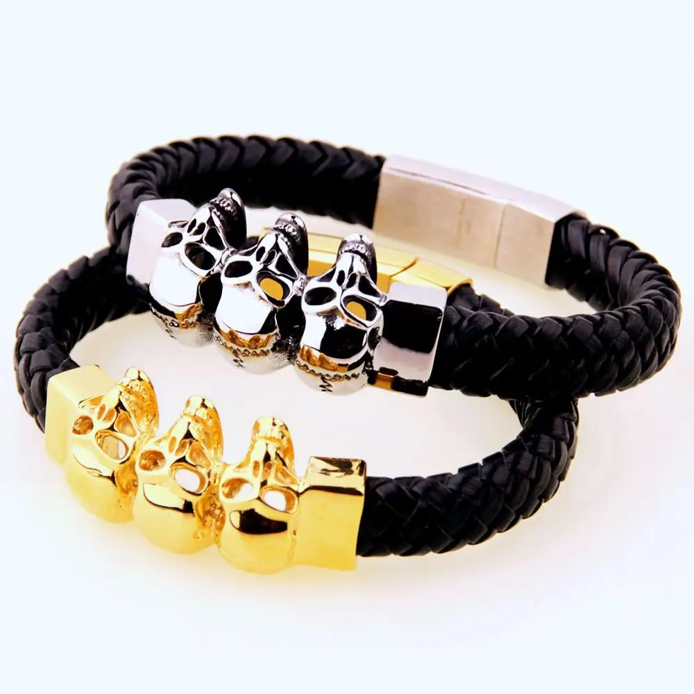 Хип-хоп Серебряный Золотой Скелет Череп Байкер ювелирные изделия из нержавеющей стали мужской браслет черный кожаный браслет панк ювелирные изделия 8,8"* 11 мм