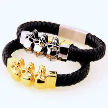 Хип-хоп Серебряный Золотой Скелет Череп Байкер ювелирные изделия из нержавеющей стали мужской браслет черный кожаный браслет панк ювелирные изделия 8,8"* 11 мм