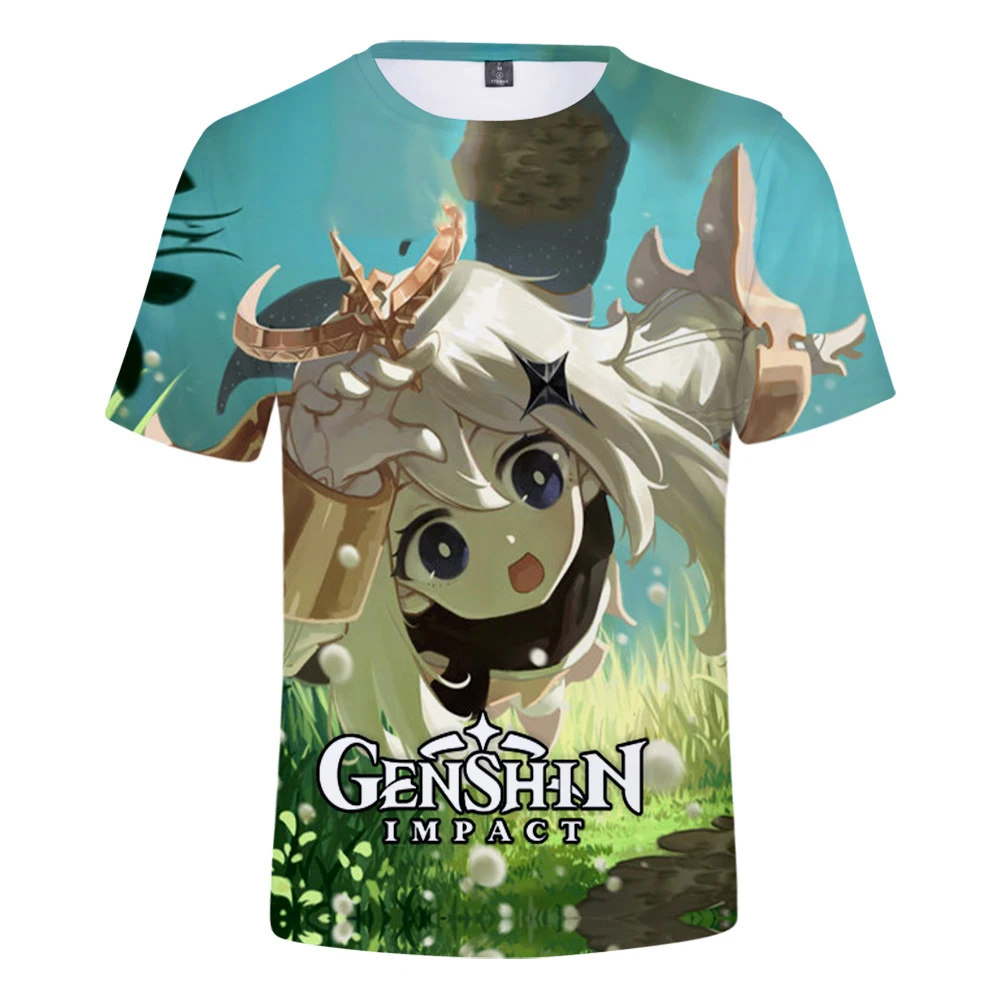 2021 Kawaii Game 3D футболка Genshin Teest для мальчиков/девочек Летняя комиксная детская