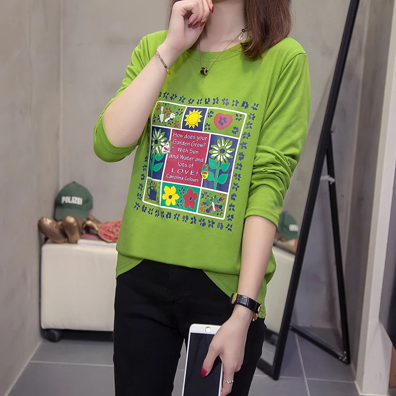 Green XL-4XL плюс размер женские футболки с длинными рукавами Осень модные хлопковые футболки с цветочным принтом Свободные повседневные женские топы - Цвет: Green