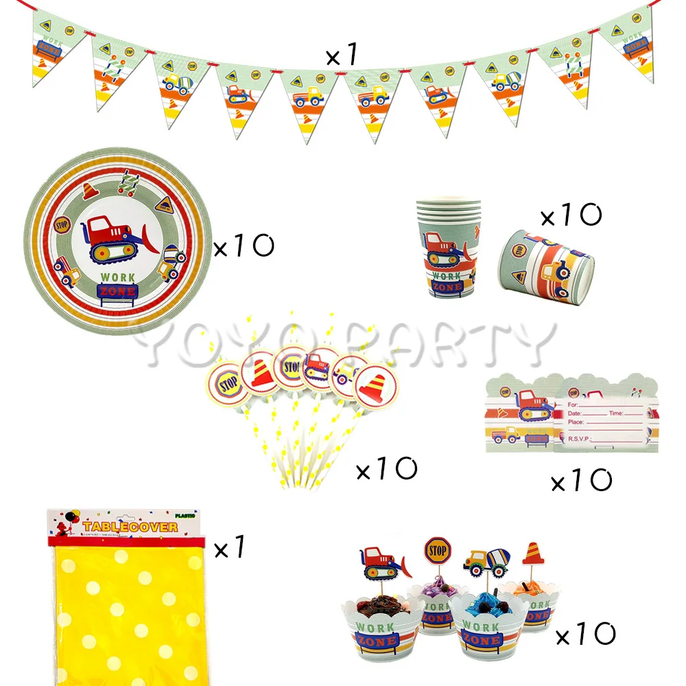 

62Pcs for 10kids Construction Vehicles theme birthday party supplies tableware set, plate+straw+glass+tablecover+banner