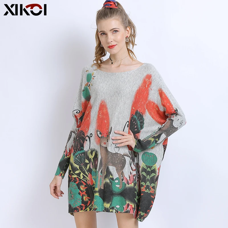 

XIKOI Winter Oversized Sweaters For Women Warm Long Pullover Dresses Fashion Cute Deer Print Jumper Knitted Sweaters Pull Femme