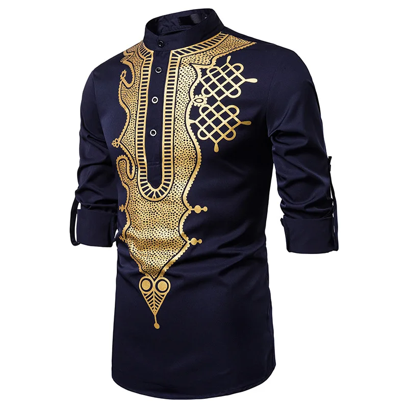 59 navy Повседневная рубашка мужская одежда Рубашки Африканский стиль chemise homme модные camisa masculina Фитнес рубашка с принтом - Цвет: 59 navy