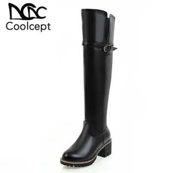 

Coolcept Sexy Women High Heels Boots Buckle Zipper Motorcycle Shoes Women Winter Warm Fur Knee High Boots Punk Shoes Size 34-43