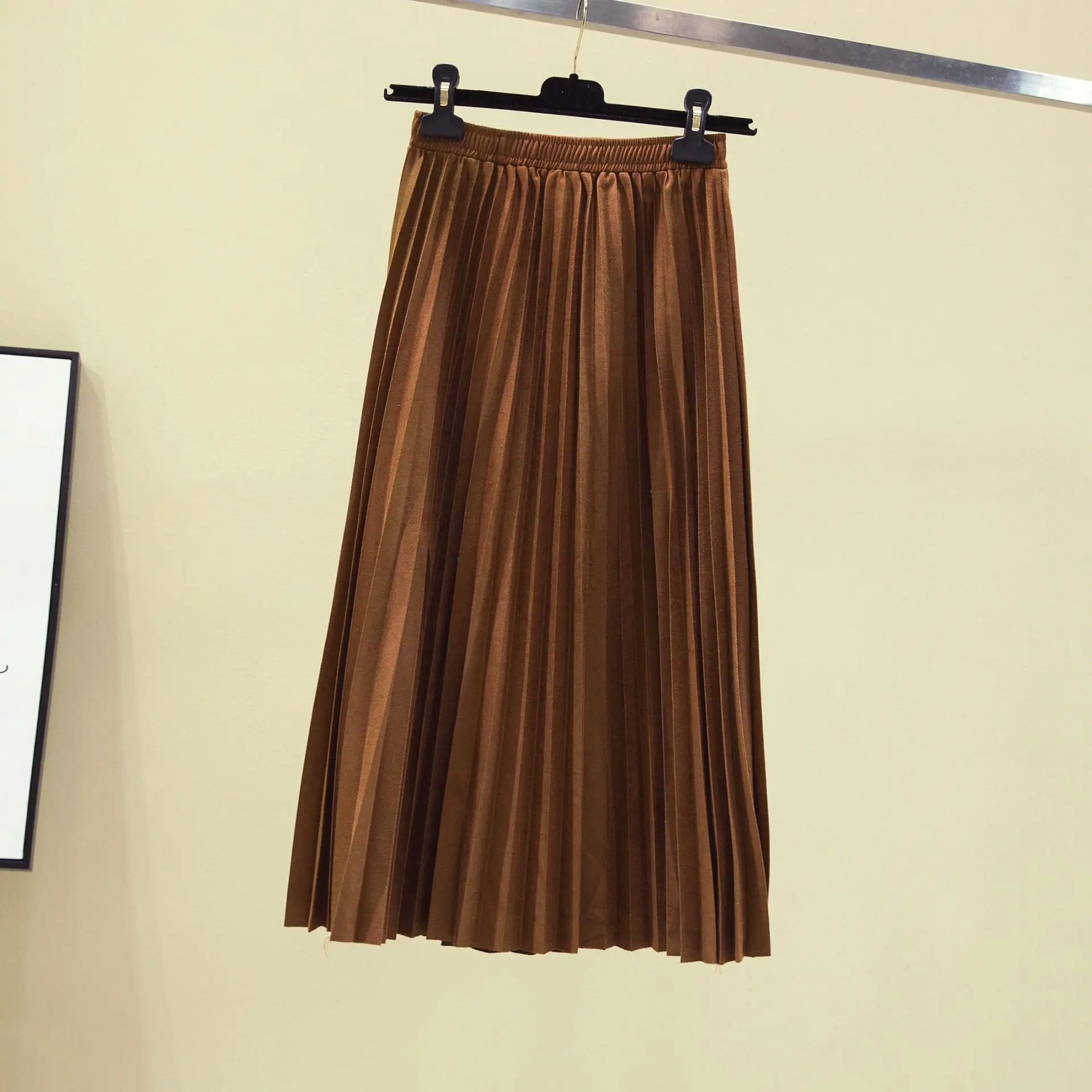 Faldas mujer moda, осенняя и зимняя ретро юбка миди, эластичная резинка на талии, органные юбки, Женская длинная Плиссированная юбка - Цвет: Coffee brown