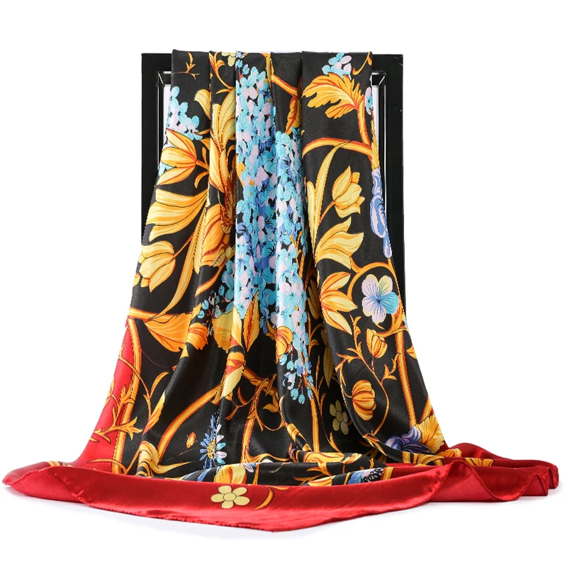 

Women's Square Silk Scarves 90*90cm Fashion 2021 Ladies Satin Printed Scarf Shawl Autumn Winter Female Lotus Leaf Scarves gift