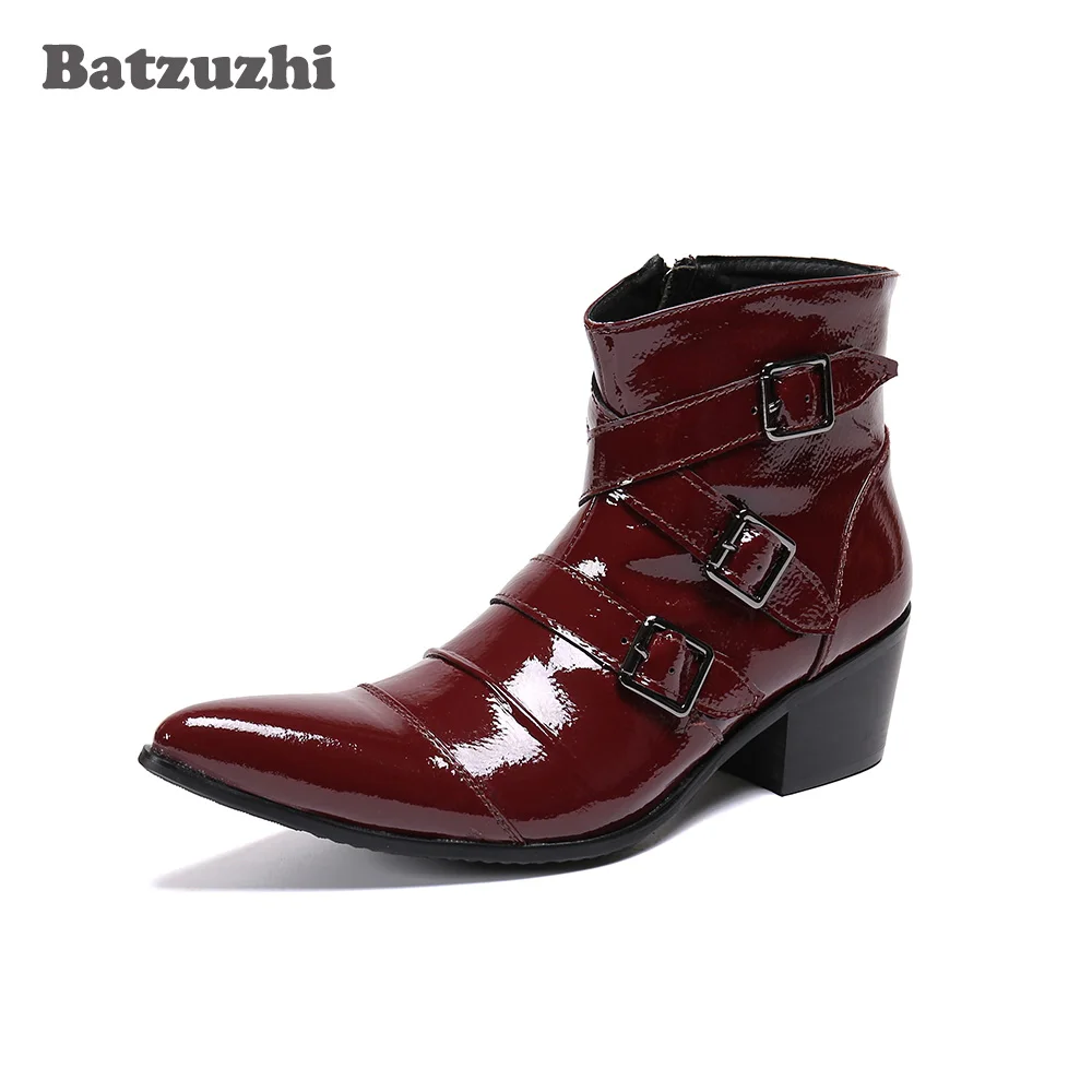 

Batzuzhi Genuine Leather Ankle Boots Men Western Cowboy Men's Boots Wine Red Botas Hombre Motorcycle, Party Dress Leather Boots