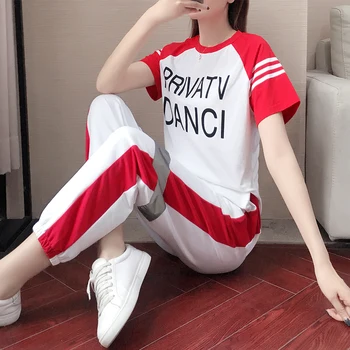 

New Two Piece Set Summer Sportswear Suit Fashion Young Lady Short Sleeved Thin Letter Print Clothes Women Red