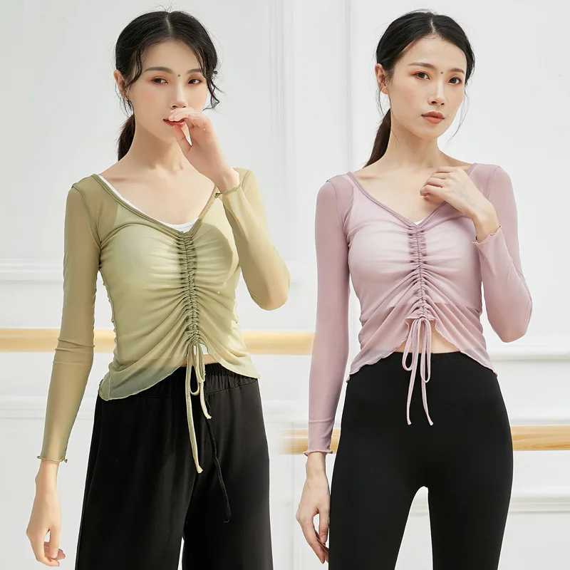 

2021 New Dance Practice Clothes Tops Women V-neck Mesh Long Sleeve Shirts Female Beginners Modern Dance Performance Costume XXL