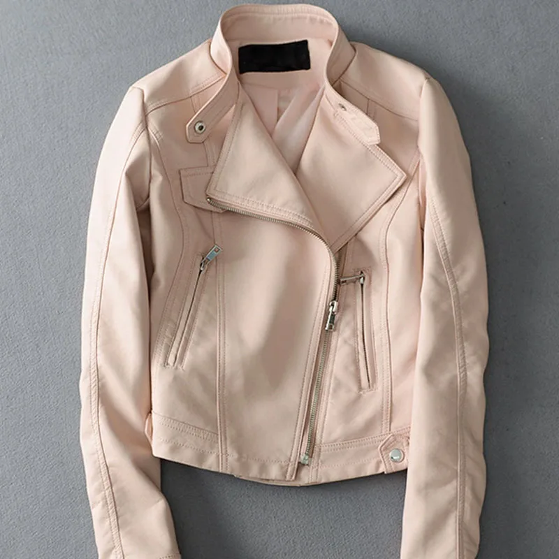 

Women Faux PU Short Soft Leather jacket Autumn Stand collar Oblique zipper Slim Plus size Female Casual Biker Leather Outwear
