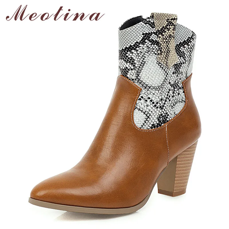 

Meotina Winter Ankle Boots Women Snake Print Thick High Heels Western Boots Zipper Pointed Toe Shoes Ladies Fall Plus Size 34-46