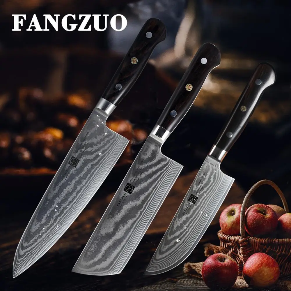 

FANGZUO 8"6.5"5" Japanese chef knife set 3 pcs Damascus VG10 steel kitchen knives sets Cleaver Paring Santoku Slicing utility