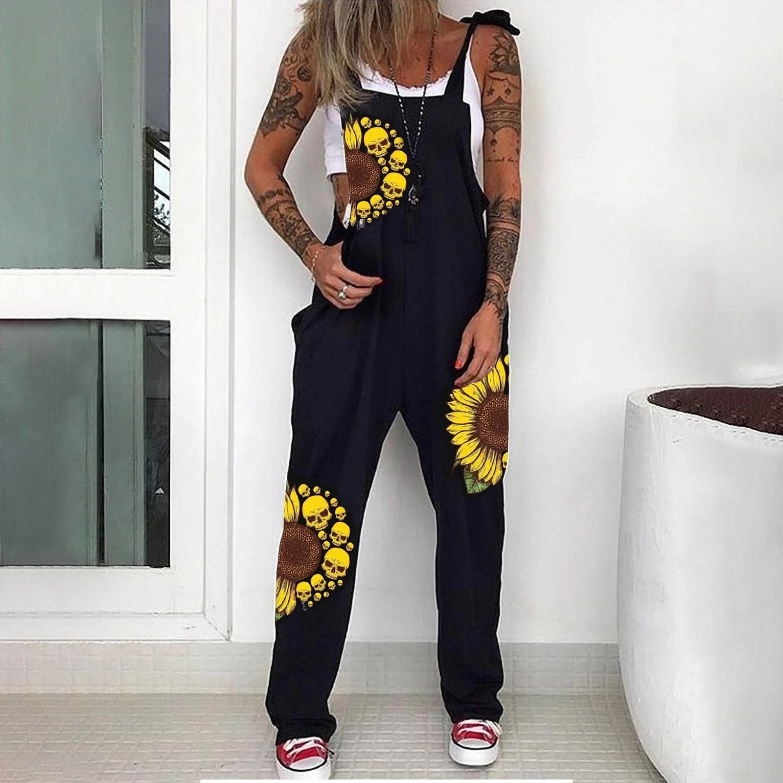 Mono con estampado Punk para mujer, peto holgado informal con estampado de  girasol, ropa para mujer 2021| | - AliExpress