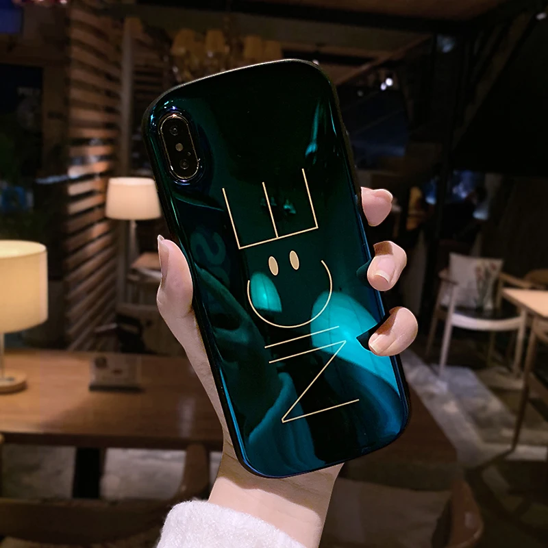 Чехол для телефона со смайликом для iphone11 pro max зеркальный светоотражающий чехол xs max x xr с надписью милый мягкий чехол 8 plus 7 6 s - Цвет: Синий