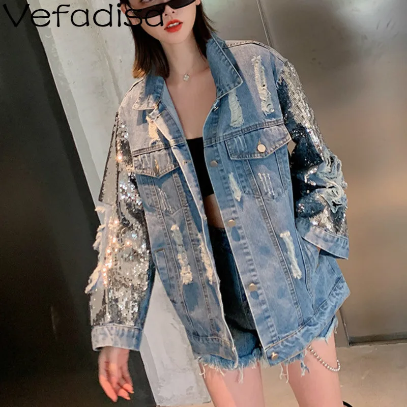 

Vefadisa Autumn Sequins Denim Frayed Hole Coat Solid Long Sleeve Streetwear Coat Woman Loose Turn-down Collar Coat 2019 QYF490