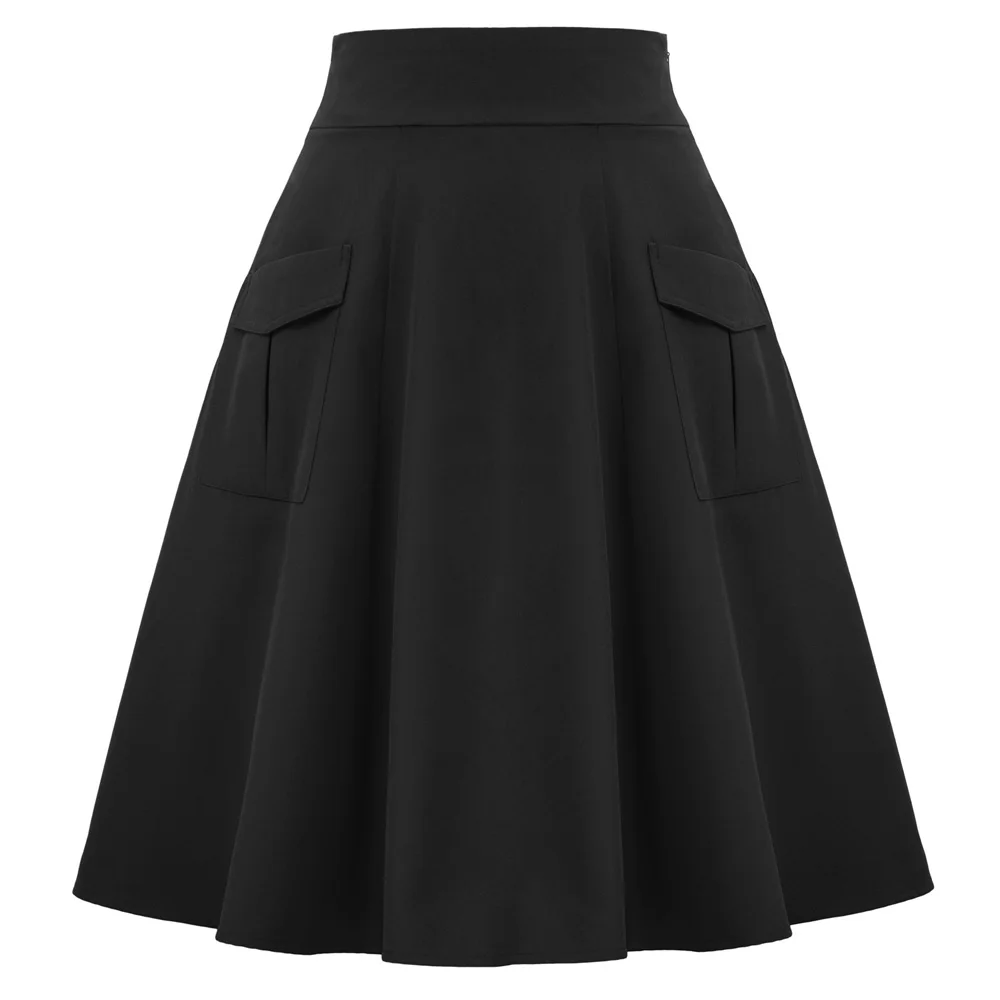 Belle Poque, повседневные плиссированные юбки с карманами, женские элегантные винтажные офисные юбки, одноцветная облегающая юбка средней длины с высокой талией - Цвет: Black