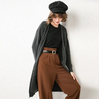 

2019 autumn new V neck sweater female Korean version long sweater thick knit cardigan casual sweater solid color coat pocket