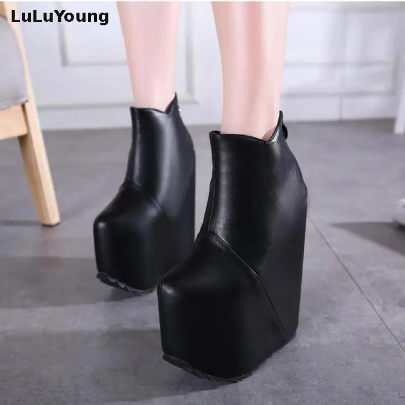 Tanie 19 cm 20 Cm szpilki kliny botki kobiety Hgih platforma blisko Toe powrót zamek Sexy botki