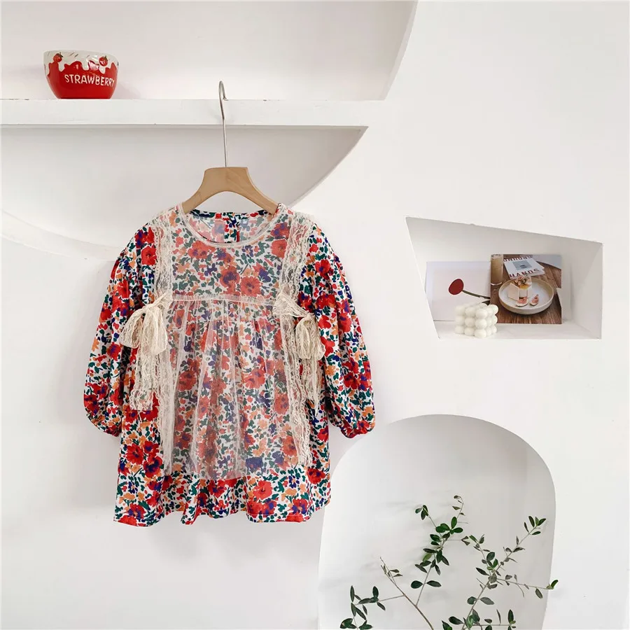 

Korean Style Kids Clothes 2020 Spring Kid Baby Girls Floral Princess Dress Long-Sleeved Lace Smock 2pcs Children Party Dresses