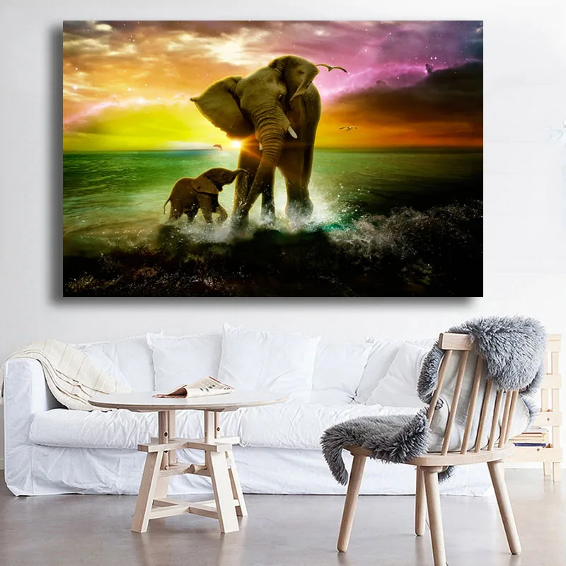 SELFLESSLY ART Wall Picture Elephants Landscape Oil Painting Print On Canvas Pictures Wild