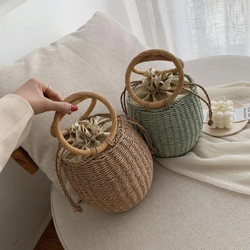 

Female Round Tote Bucket bag 2020 Summer New High-quality Straw Women's Designer Handbag Woven Hand bag Travel bag