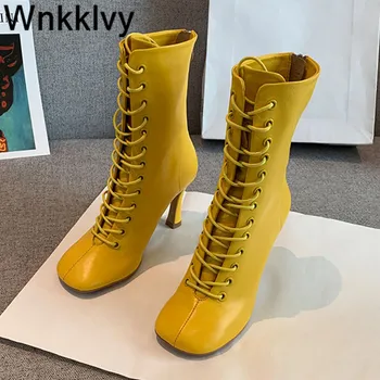 

High heels autumn winter shoes Woman round Toe Lace Up genuine Leather Short Boots all match Ankle boots 2020 Zapatos Mujer