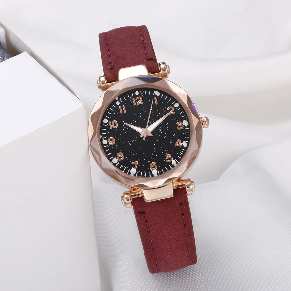 

Hot Selling WOMEN'S Stylish Simple Fashion Leather Watch Strap Watch Cool with Numbers Starry Surface Quartz Watch