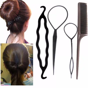 

4Pcs/Set Women DIY Hair Styling Accessories Kit Magic Donut Bun Maker Hairpins Ties Fast Twist Braid Tools Gift for women girls