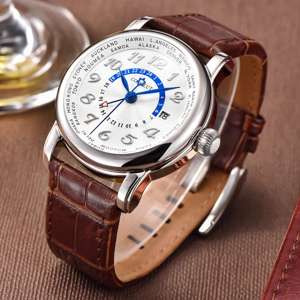 Corgeut Роскошные брендовые механические часы модные кожаные Топ двойной часовой пояс автоматические мужские часы кожаные механические наручные часы