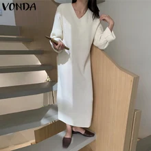 

VONDA Women Loose Dress Spring Autumn Casual Solid Color Pullover Dresses Ladies Long Sleeve V Neck Corduroy Vestidos Oversized