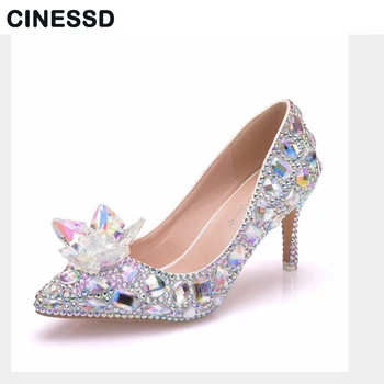 

New Cinderella crystal rhinestone bridal wedding pumps 7cm pointed toe bridesmaid prom dress shoes large size 35-43