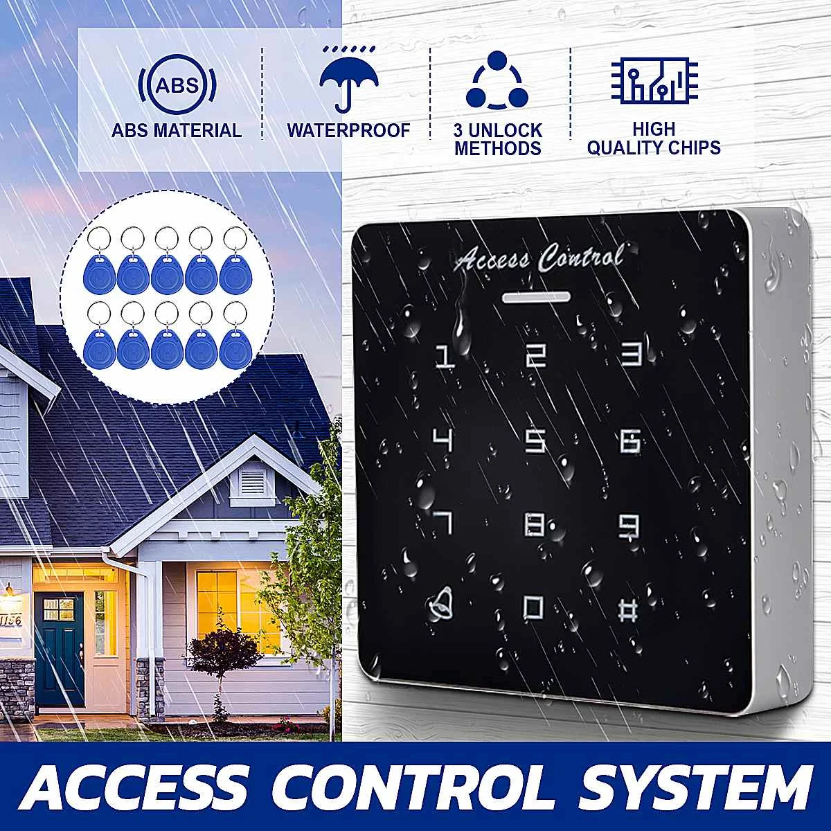 

RFID Access Control Keypad Digital Panel Card Reader For Door Lock System with 10pcs EM keychains Waterproof Home Lock System