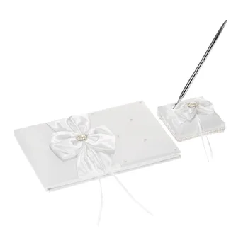 

New Wedding Decoration White Satin Ribbon Wedding Guest Signature Book and Pen Stand Set with Faux Pearls Bowknot Decoration