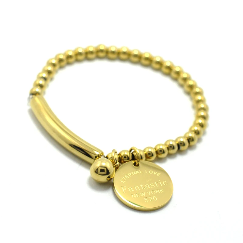 

Fantastic New York Circle Tag Bangle Stainless Steel Ball Beads Bracelet For Women Charm Stretch Strand Bracelet