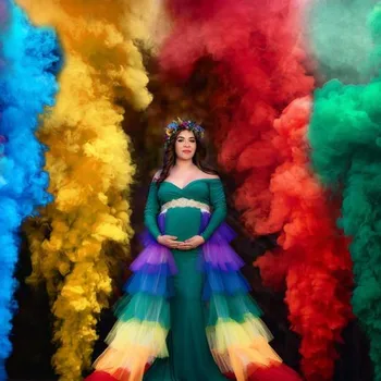 

Colorful Tulle Overskirts For Maternity Phootshoot Floor Length Rainbow Ruffles Tiered Tulle Skirt Detachable Train Wrap Skirts