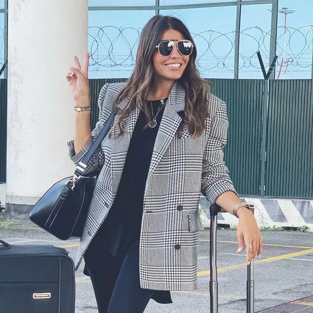 

Western Style Fashion Suit Collar Long Sleeve Double Breasted Thousands of Birds Suit Jacket 565-9088