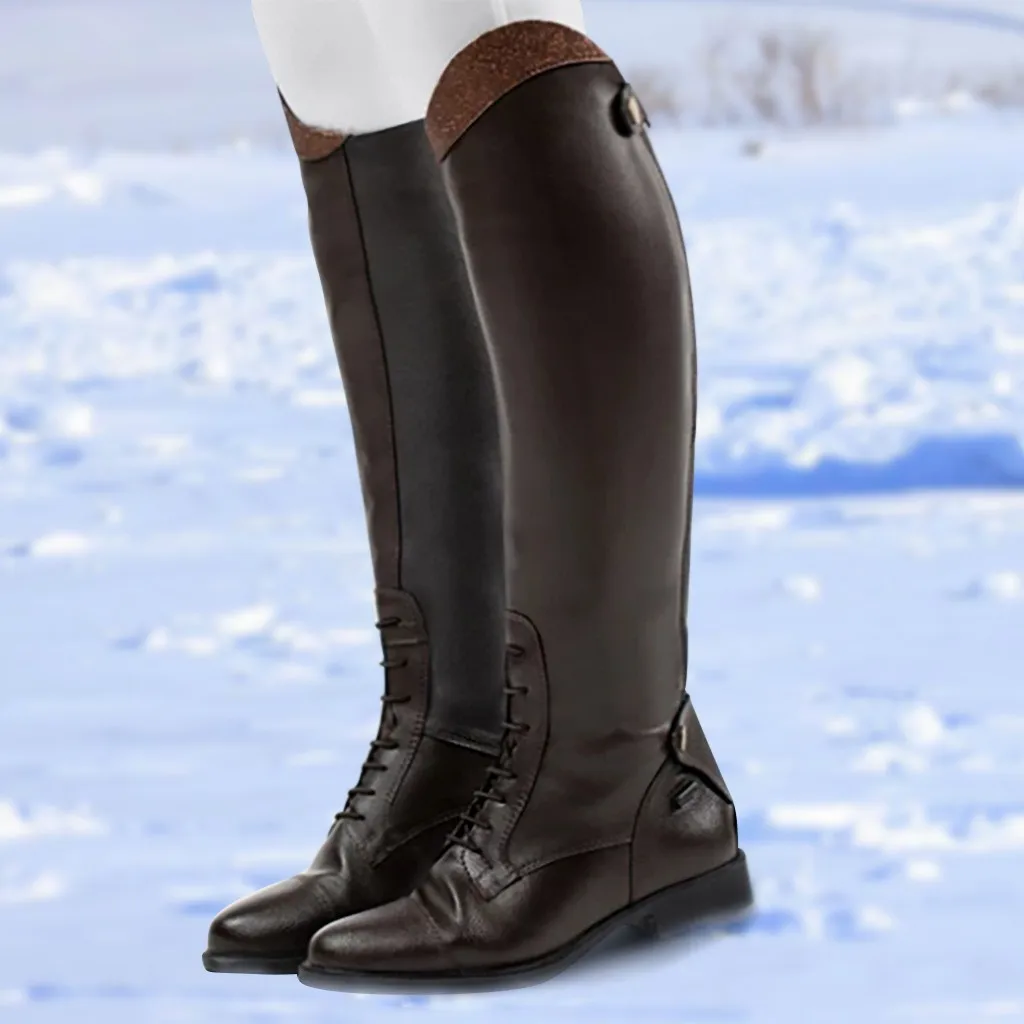 Women Knee High Leather Winter Boots Tight Warm Punk Unisex Med Heels Ridding Boots Formal Cool Retro Slip On Riding Shoes