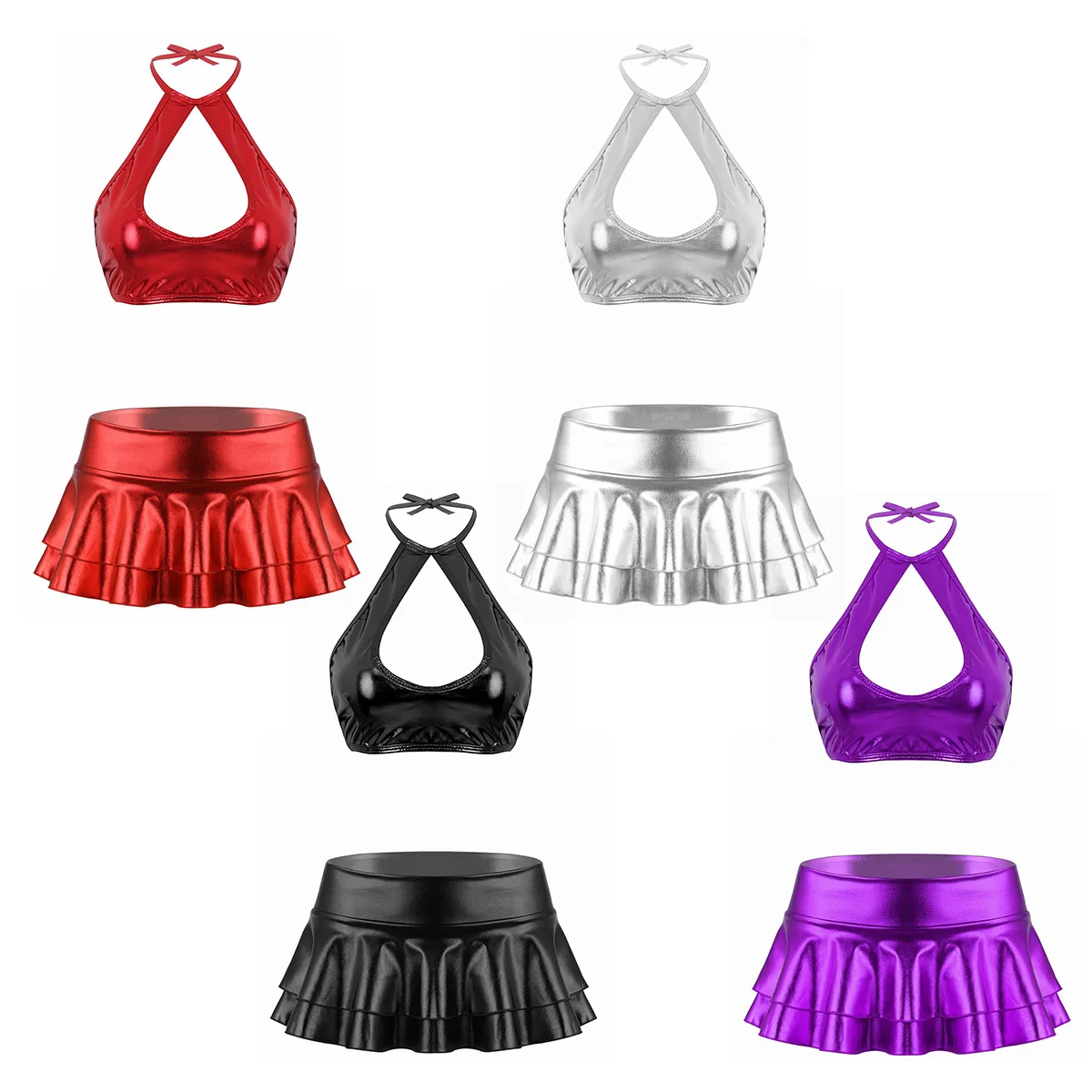 Womens Metallic Shiny Sleeveless Halter Neck Cut Out Strappy Crop Top with Ruffle Mini Skirt Dance Dress Two Piece Outfit Set 2