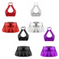 Womens Metallic Shiny Sleeveless Halter Neck Cut Out Strappy Crop Top with Ruffle Mini Skirt Dance Dress Two Piece Outfit Set 2