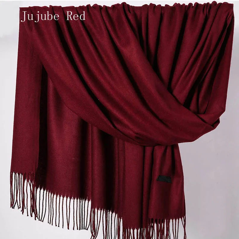 Jujube Red Зимний женский шарф, однотонные кашемировые шарфы, шали, зимний осенний длинный шарф, Женская шаль с хиджаб с бахромой - Цвет: Jujube Red