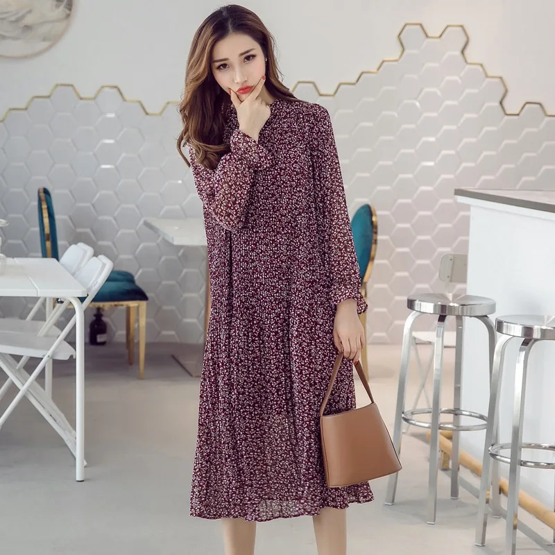 

Fragmented Chiffon Dress women's dress spring and autumn new pleated long sleeve loose dress