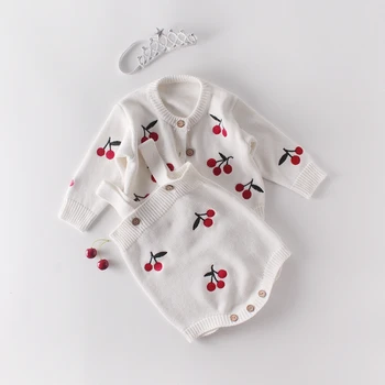 

Newborn Baby Girls Cherry Pattern Knit Romper Cartigan Optional